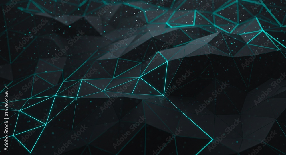 Poster abstract dark background with polygonal shapes and glowing turquoise lines connecting the shapes