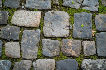 Detailed close-up of a weathered cobblestone street with green moss growing between the stones. The aged surface and natural texture convey a sense of history, nostalgia, and timeless urban charm. Ide