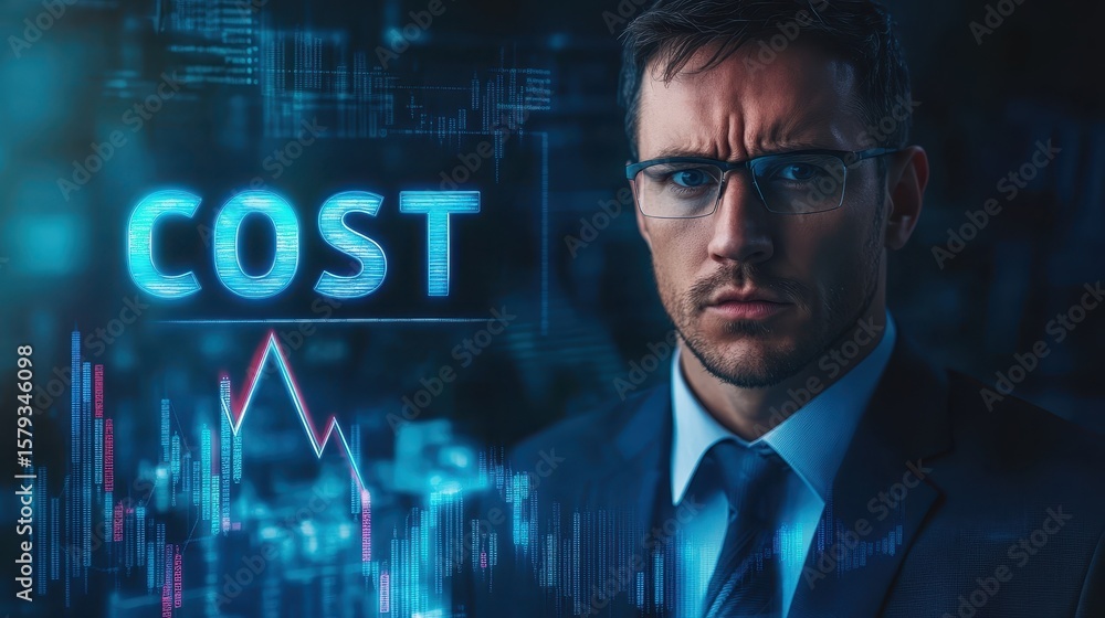 Poster businessman in sharp suit analyzing market data with focused expression