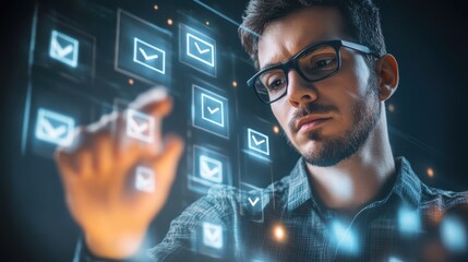 Focused Businessman Analyzing Digital Data on Futuristic Interface