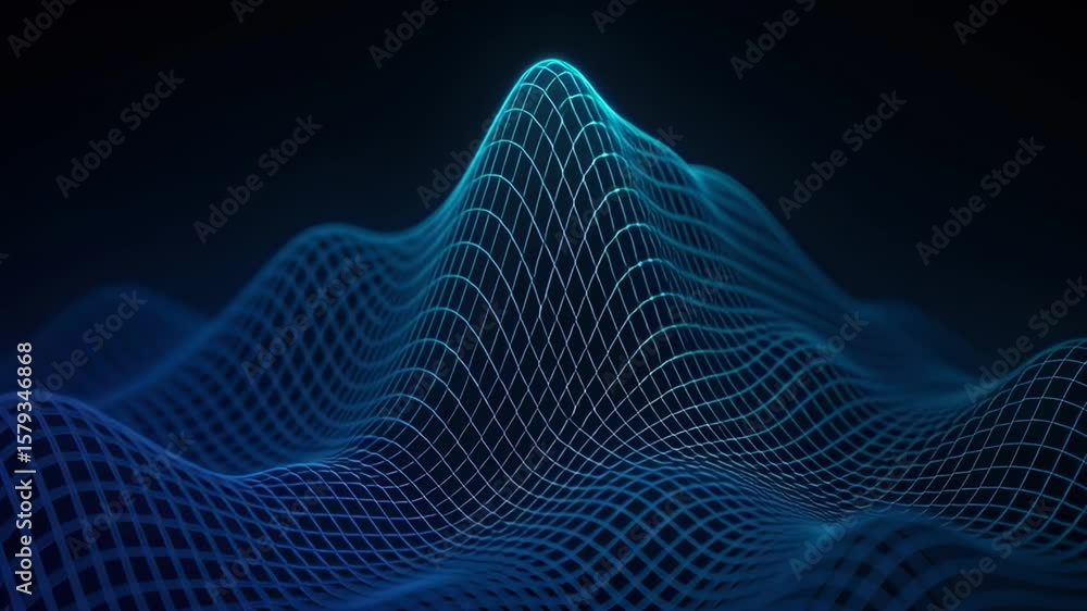 Poster Abstract 3D Wave Form with Blue Grid Pattern on Dark Background for Technology and Design Usage