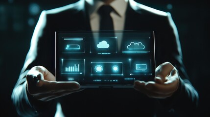 Modern Businessman in Sharp Attire Presenting Digital Interface