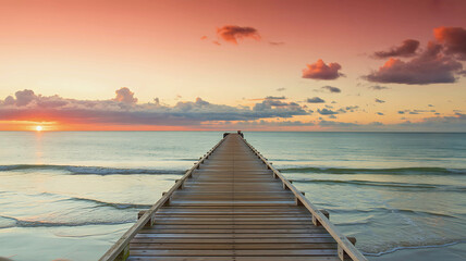 Fototapeta premium A tranquil coastal landscape featuring a long wooden pier against a beautiful sunset sky.