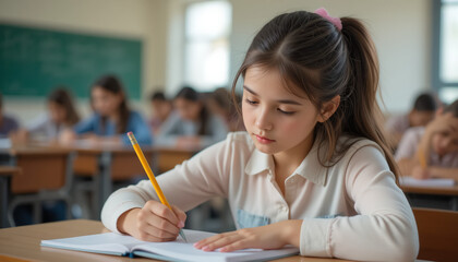 A young school girl with long dark hair is concentrating on writing in her notebook while seated at a desk in a bright classroom