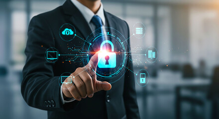 A businessman interacting with a digital interface featuring a prominent padlock icon center screen