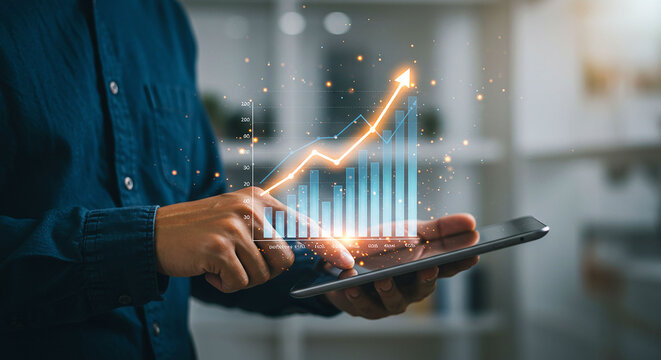 Man using tablet with upward trending graph overlaying the screen in a modern setting view