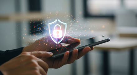Close up of hands holding a smartphone with a digital security shield and padlock overlayed on screen