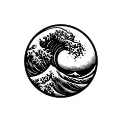 Iconic Japanese Wave Art Depicting a Powerful Ocean Scene in a Circle.