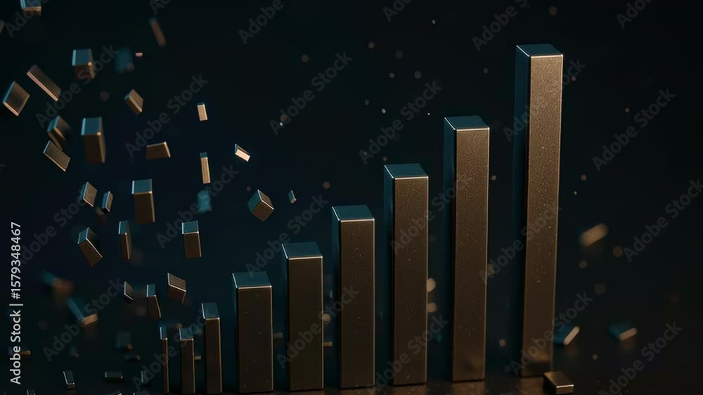Poster abstract digital visualization of rising bars surrounded by floating particles on dark background