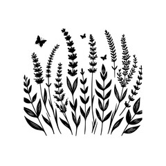 Wildflowers and Butterflies Silhouette – Black and White Botanical Illustration