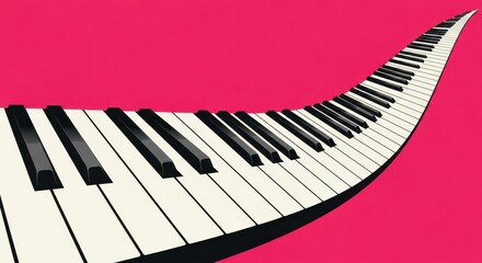 Naklejka premium Abstract piano keyboard illustration on vibrant pink background, curved musical instrument keys, creative music concept for jazz and classical posters