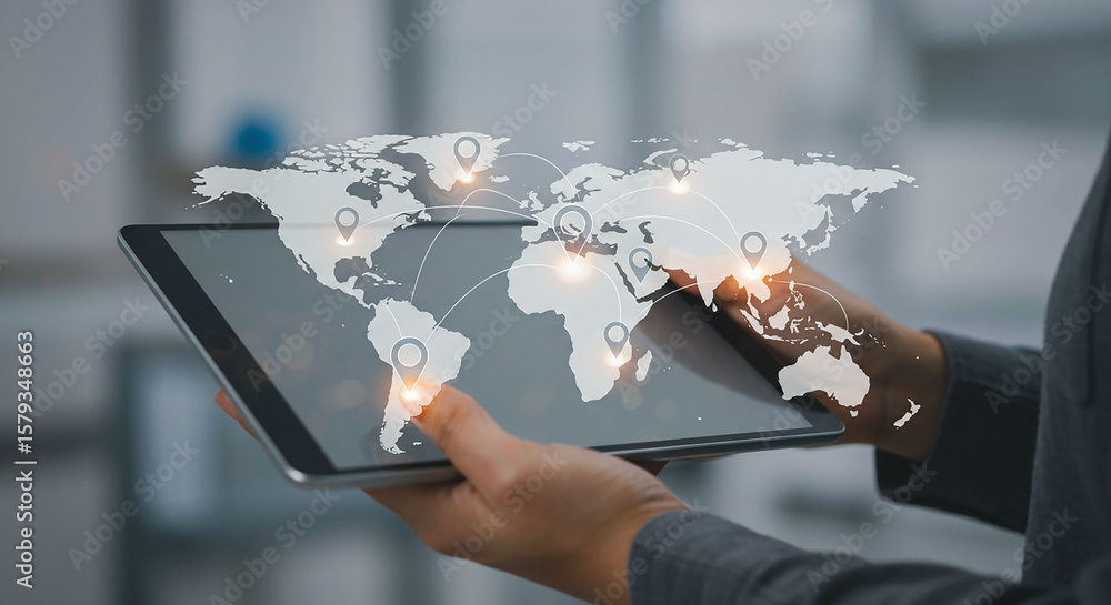Poster person holding tablet with world map and location pins showing global network connections view close