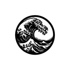 Black and white stylized wave cresting over a mountain peak in a circle.