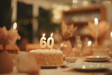 Celebration of a milestone birthday with a beautifully decorated cake featuring candles shaped as 60, surrounded by festive decor and warm lighting