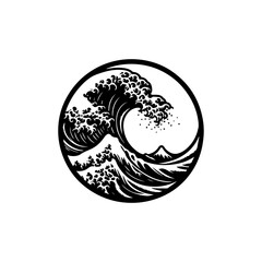 Black and White Japanese Wave Art in Circular Frame with Mountains.