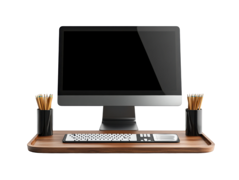 Modern computer setup with wooden tray and pencils isolated on a transparent background