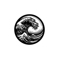Dramatic Black and White Woodcut Style Ocean Wave.