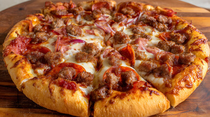 Traditional Meat Lovers Pizza with Thick Chewy Crust Freshly Baked on a Wooden Surface