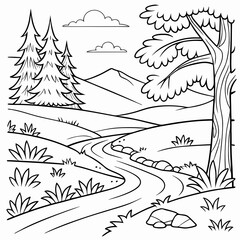 natural-scenery-coloring-page--black-and-white-page vector illustration