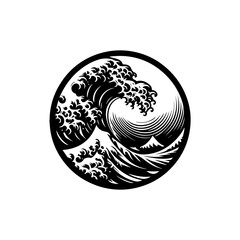 Stylized black and white wave cresting over mountains in a circle.