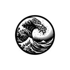 Circular Graphic of a Powerful Ocean Wave with Mountain.