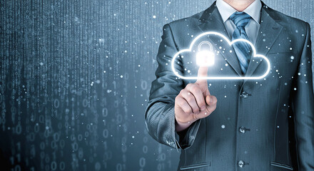 Man in suit pointing at cloud with padlock on digital background for secure data protection