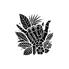 Floral Skeleton Hand Shaka Sign: Tropical Leaves and Flowers Silhouette.