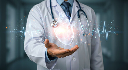 Doctor holding a heart hologram with ekg line in hospital hallway wearing white coat and stethoscope