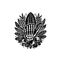 Intricate Skeleton Hand Gesture with Tropical Surroundings.