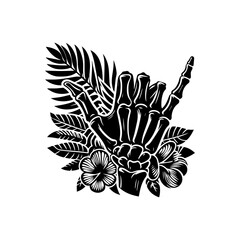 Shaka Skeleton Hand with Tropical Flowers and Leaves.