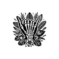 Skeletal Hand Shaka Sign Surrounded by Tropical Flowers and Foliage.