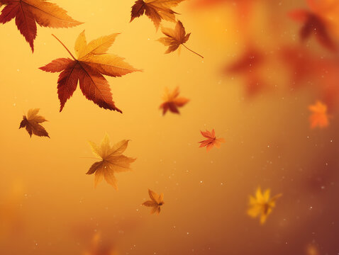 Falling maple leaves on warm orange gradient background, blurred depth, cozy autumn mood