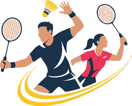 Dynamic badminton players in action with shuttlecock and rackets