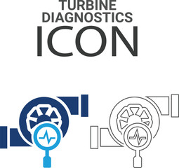 Turbine diagnostics: Line icons, such as turbocharger diagnostics, fuel injector, turbine, spark plug, and more. Vector illustration. Easily changes to any color.