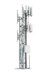 Tall cellular tower with multiple antennas and equipment isolated on a transparent background