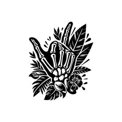 Detailed Black and White Skeleton Hand Shaka with Tropical Foliage.