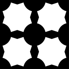 Pattern, high-contrast abstract composition features four interlocking white star-like forms with jagged edges and smooth black circles.