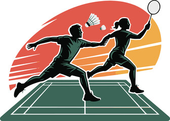 Dynamic silhouettes of a male and female badminton players in action on court