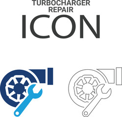 Turbocharger repair Line art icons, such as turbocharger diagnostics, fuel injector, turbine, spark plug, and more. Vector illustration. Easily changes to any color.