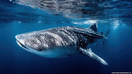 Whale shark swimming gracefully in deep blue ocean waters.