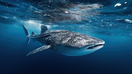 Fototapeta premium Majestic whale shark swimming in deep blue ocean waters.