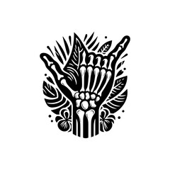 Skeletal Hand Shaka Sign with Tropical Foliage.