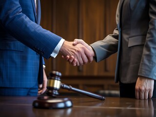 Two people in suits shaking hands with a gavel on a wooden table agreement handshake