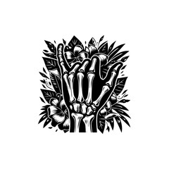 Rock On Skeleton Hand Surrounded by Tropical Flowers and Leaves Illustration.