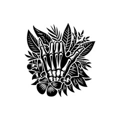 Skeletal Hand Shaka Sign Amidst Tropical Foliage.