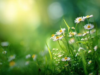 Green meadow with fresh flowers and sunlight, blurred depth, bright and cheerful spring background