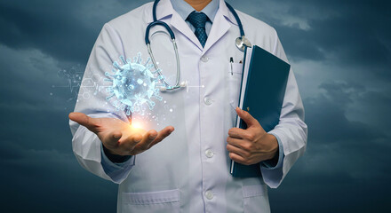 Doctor holding a digital virus with stethoscope and file in a white coat on a dark background