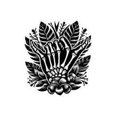 Intricate Floral and Skeletal Hand Composition in Bold Black and White Design.