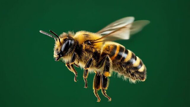 A bee hovers in the air with outstretched legs against a solid green background