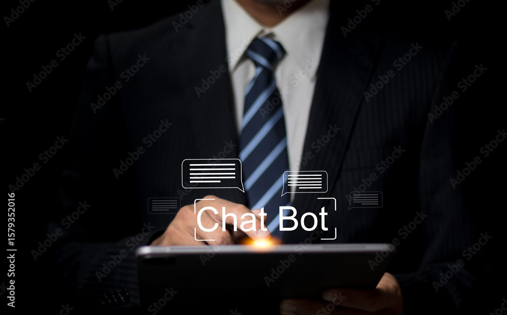 Aufkleber businessman using a digital chatbot on a tablet for automated customer service and ai-powered busine